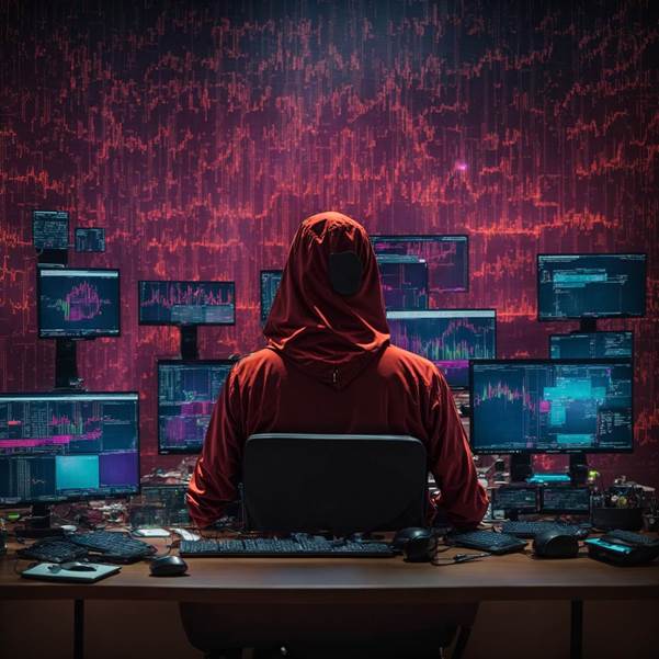 A person in a hoodie sitting at a desk with multiple monitors

Description automatically generated